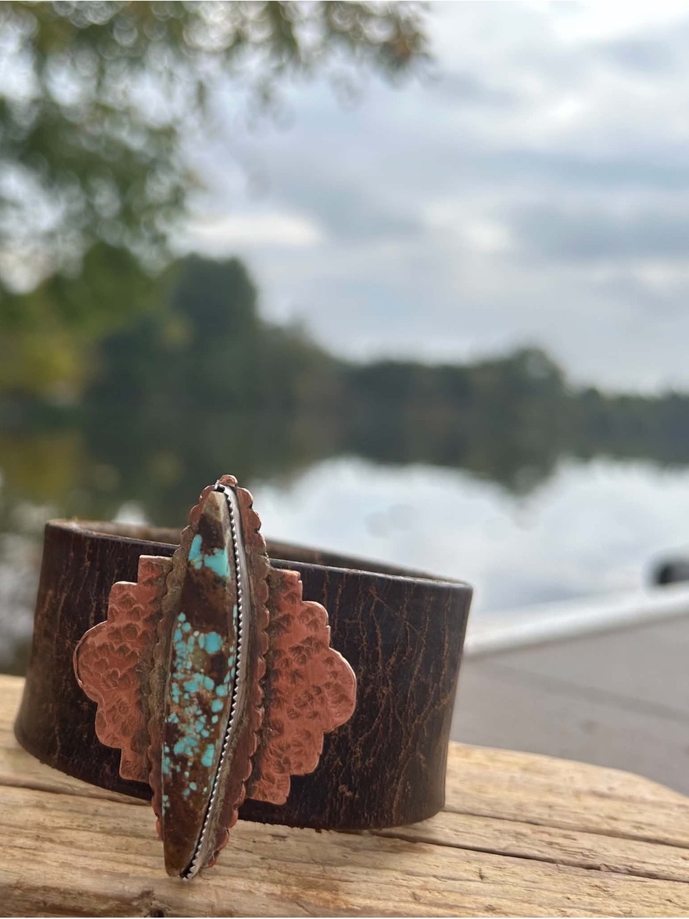 Handmade Turquoise, Sterling Silver and Copper Leather Cuff Bracelet